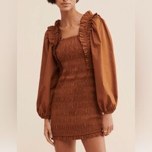 Endless Rose Anthropologie brown smocked ruffle front puff sleeve mini dress L